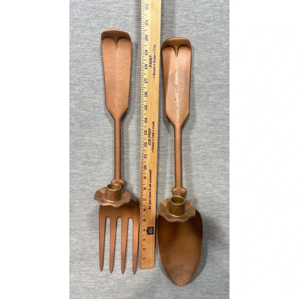 Vtg Oversized Copper Color Fork Spoon Wall Decor Taper Candle Holder Set‎ 20in